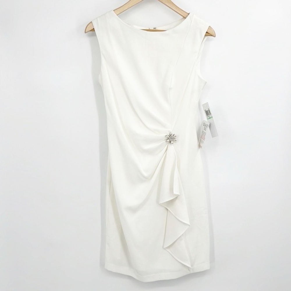London Times Side Draped Dress with Pearl Brooch Ivory Cream size 8 NWT
